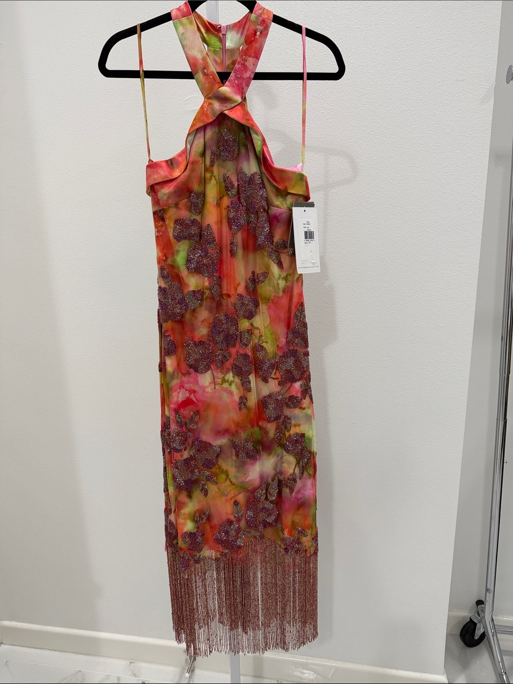 Theia Orange Pink Floral Halter Midi Dress with Fringe - Picture 7 of 11